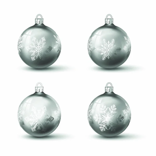 Weiße Verchromte Weihnachtskugeln Mit Verschiedenen Schneeflocken Ornamenten Darauf Set Aus — Stockvektor