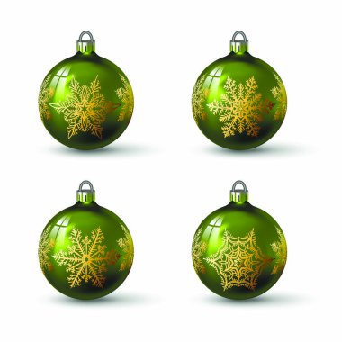 Zeytin yeşili Noel topları farklı kar tanesi süsleme üstünde o ile renkli. İzole gerçekçi cam topları kümesi. Vektör çizim tasarımınız için.