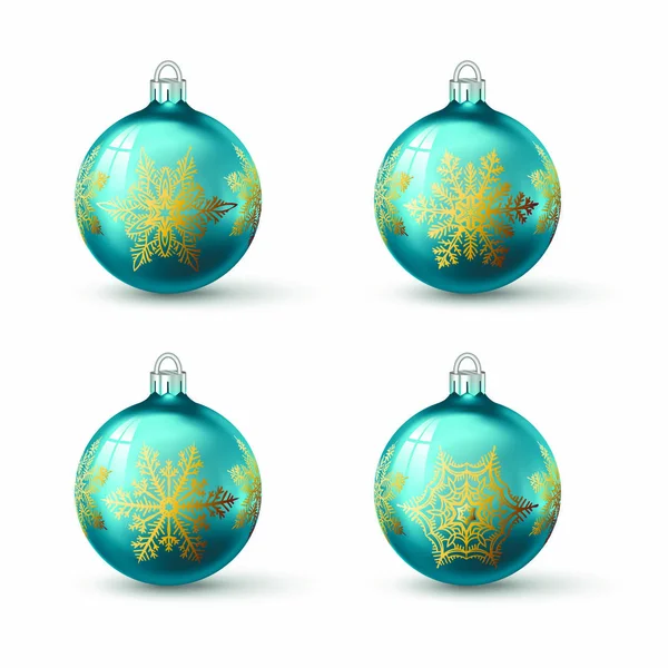 Голубые Лазурные Рождественские Шары Различными Снежинками Набор Изолированных Реалистичных Стеклянных — стоковый вектор