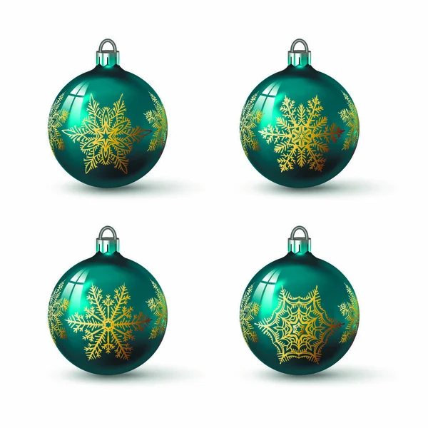 青緑色のそれに異なるスノーフレーク飾りとクリスマス ボール 分離の現実的なガラス球のセットです あなたのデザインのベクトル図 — ストックベクタ
