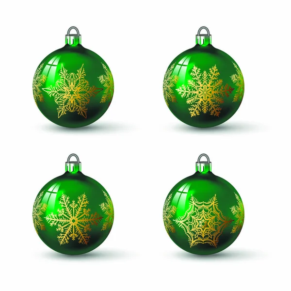 Bolas Natal Cor Verde Com Ornamento Floco Neve Diferente Nele — Vetor de Stock