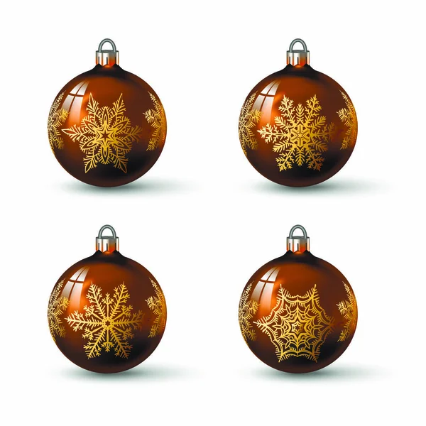 Brown Colored Christmas Balls Different Snowflake Ornament Set Isolated Realistic — Stock Vector