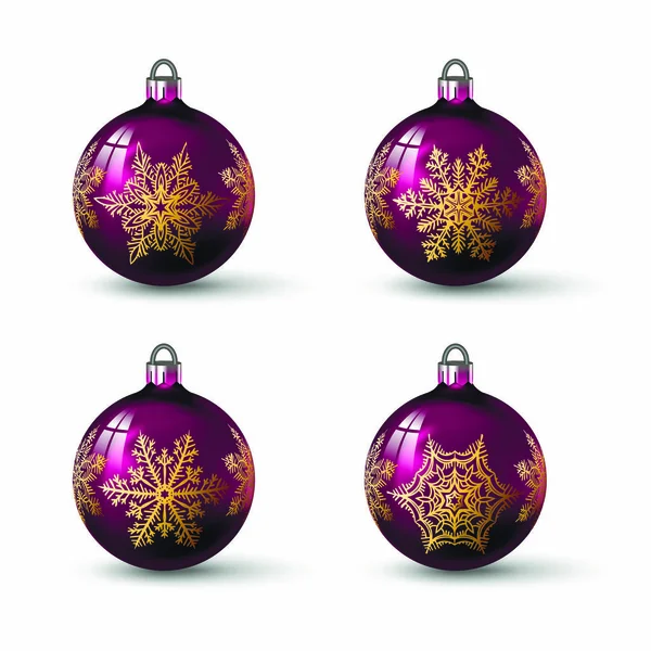 Boules Noël Couleur Pourpre Avec Différents Ornements Flocon Neige Dessus — Image vectorielle