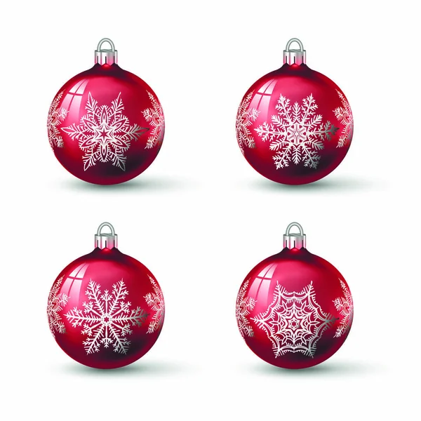 Pink Christmas Balls Different Snowflake Ornament Set Isolated Realistic Glass — Stock Vector