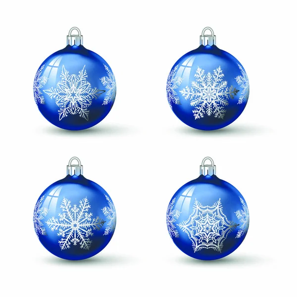 Bolas Navidad Color Azul Con Diferentes Adornos Copo Nieve Conjunto — Vector de stock