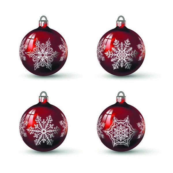 Red Colored Christmas Balls Different Snowflake Ornament Set Isolated Realistic — Stock Vector