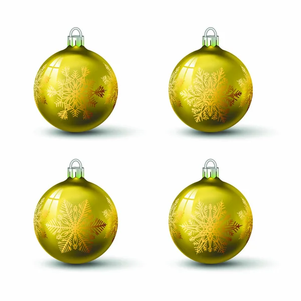 Goldene Weihnachtskugeln Mit Verschiedenen Schneeflockenschmuck Darauf Set Aus Isolierten Realistischen — Stockvektor