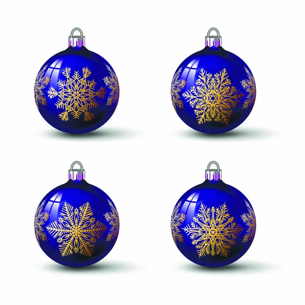 Bolas Navidad Color Azul Con Diferentes Adornos Copo Nieve Conjunto — Vector de stock