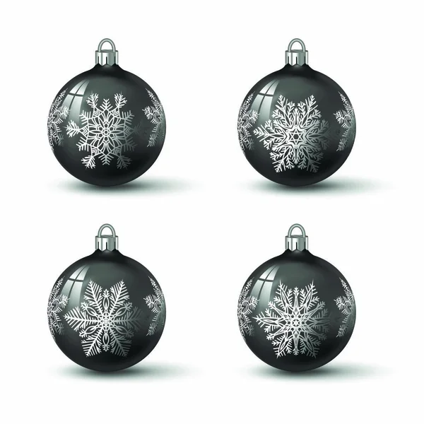Black Colored Christmas Balls Different Snowflake Ornament Set Isolated Realistic — Stock Vector