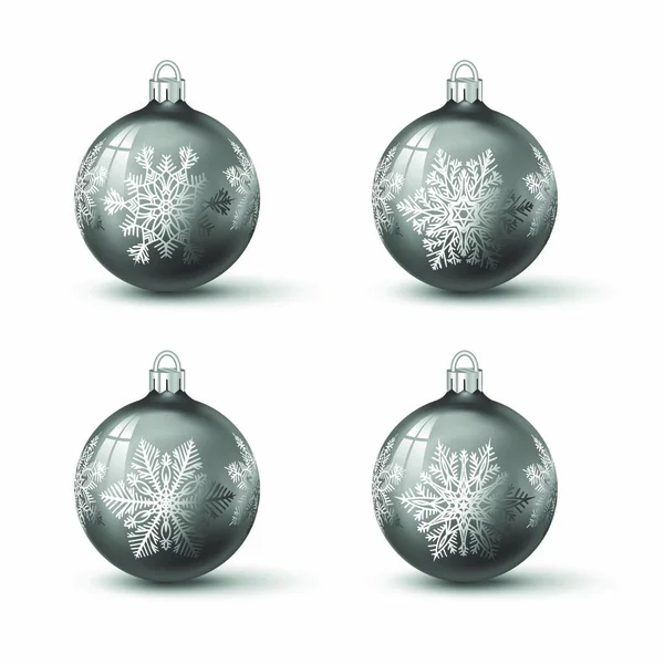 Bolas Natal Cromadas Cinzentas Com Ornamento Floco Neve Diferente Conjunto — Vetor de Stock