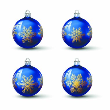 Renkli Noel topları farklı kar tanesi süsleme üstünde o ile mavi. İzole gerçekçi cam topları kümesi. Vektör çizim tasarımınız için.