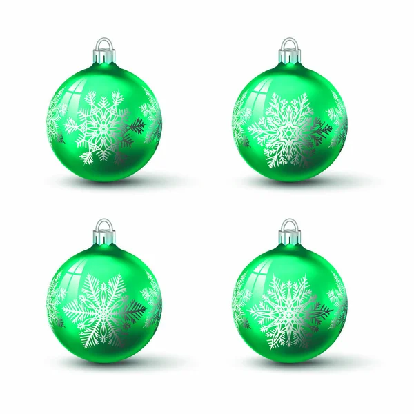 Green Colored Christmas Balls Different Snowflake Ornament Set Isolated Realistic — Stock Vector