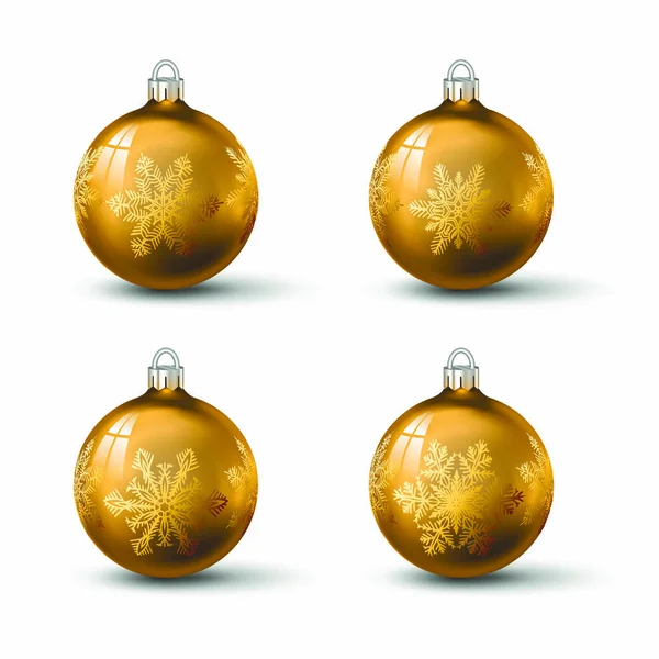 Goldene Weihnachtskugeln Mit Verschiedenen Schneeflockenschmuck Darauf Set Aus Isolierten Realistischen — Stockvektor