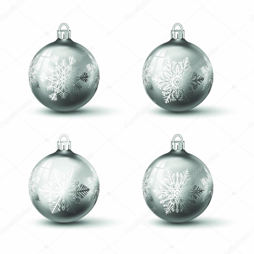 White chrome christmas balls with different snowflake ornament on it. Set of isolated realistic glass balls. Vector illustration for your design.