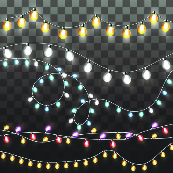 クリスマス ライトは 暗い背景にカラフルな花輪ベクトル イラスト使用可能な順に配置されますあなたの設計のために — ストックベクタ