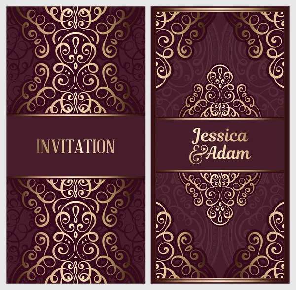 Carte Invitation Mariage Avec Feuillage Riche Oriental Baroque Brillant Doré — Image vectorielle