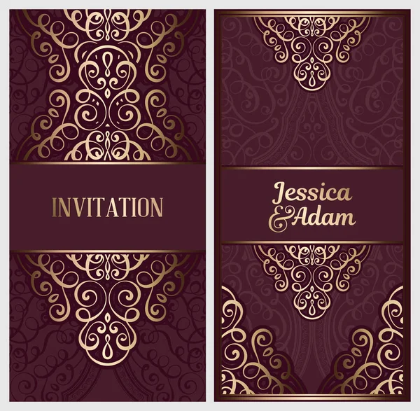 Wedding Invitation Card Gold Shiny Eastern Baroque Rich Foliage Ornate — Stock Vector