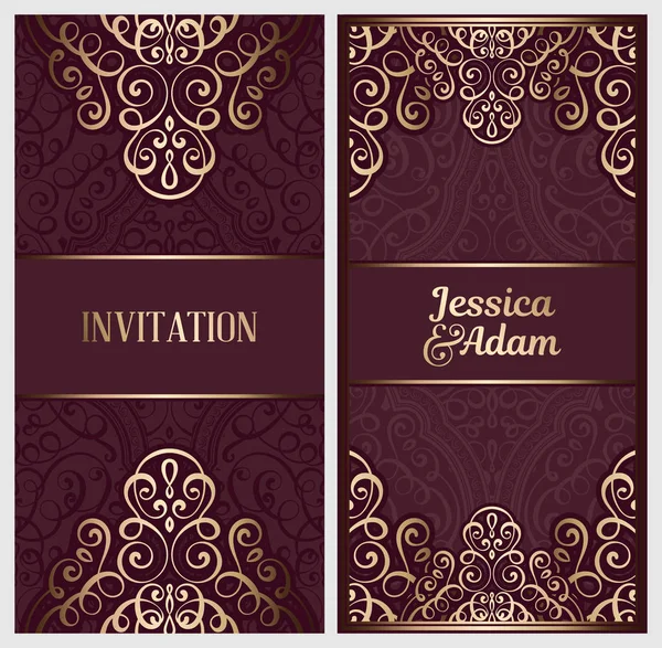 婚礼邀请卡与黄金闪亮的东部和巴洛克丰富的叶子 华丽的伊斯兰背景为您的设计 伊斯兰教 阿拉伯语 印度人 — 图库矢量图片