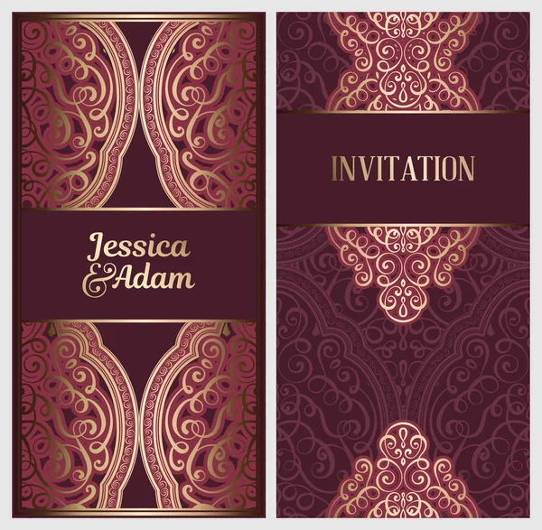 Wedding Invitation Card Gold Shiny Eastern Baroque Rich Foliage Ornate — Stock Vector