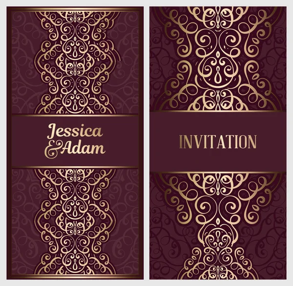 Carte Invitation Mariage Avec Feuillage Riche Oriental Baroque Brillant Doré — Image vectorielle