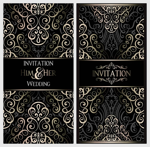 Carte Invitation Mariage Avec Feuillage Riche Oriental Baroque Brillant Noir — Image vectorielle