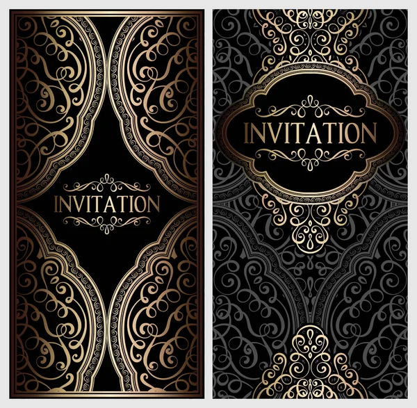 Carte Invitation Mariage Avec Feuillage Riche Oriental Baroque Brillant Noir — Image vectorielle