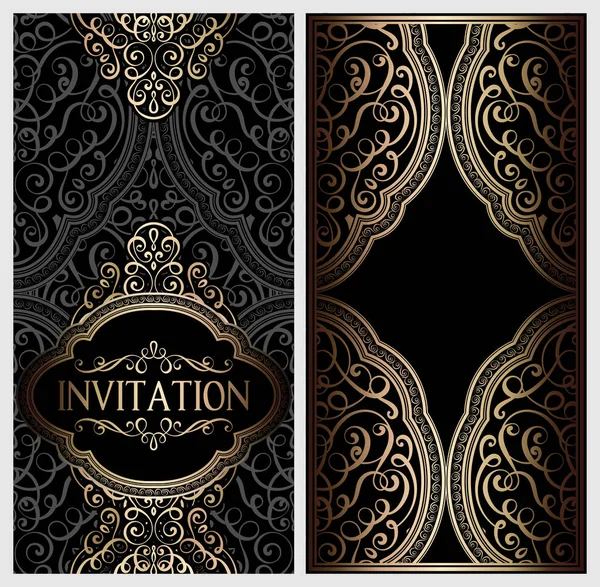 Wedding Invitation Card Black Gold Shiny Eastern Baroque Rich Foliage — Stock Vector