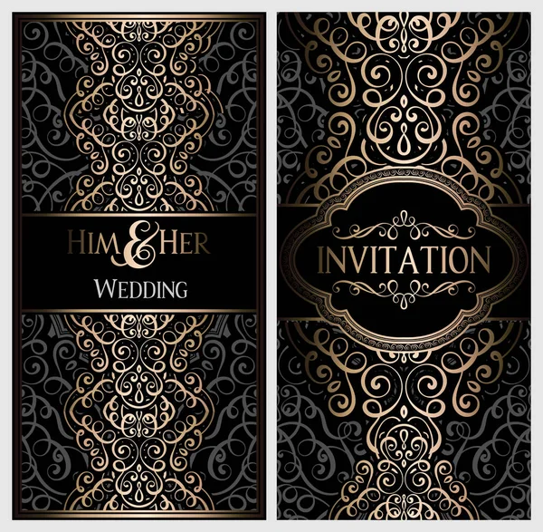 Carte Invitation Mariage Avec Feuillage Riche Oriental Baroque Brillant Noir — Image vectorielle