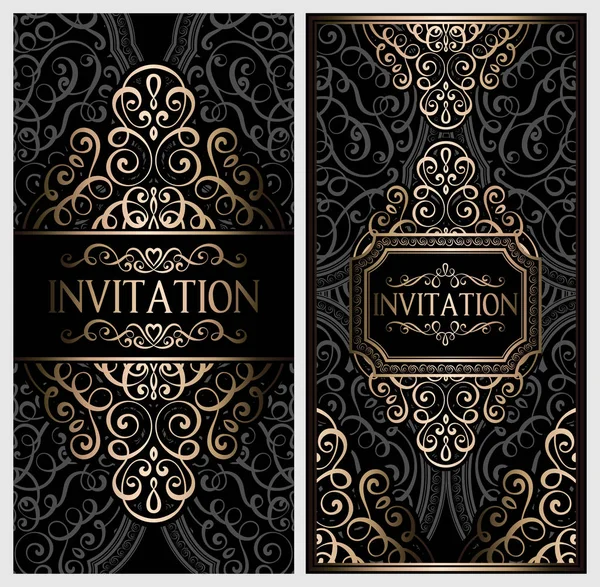 Wedding Invitation Card Black Gold Shiny Eastern Baroque Rich Foliage — Stock Vector