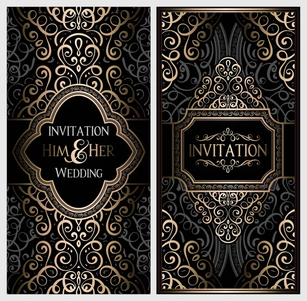 Carte Invitation Mariage Avec Feuillage Riche Oriental Baroque Brillant Noir — Image vectorielle