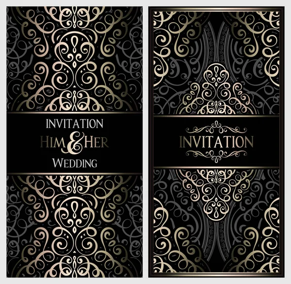 Carte Invitation Mariage Avec Feuillage Riche Oriental Baroque Brillant Noir — Image vectorielle