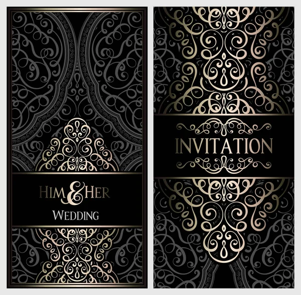 Tarjeta Invitación Boda Con Negro Oro Brillante Follaje Rico Oriental — Vector de stock