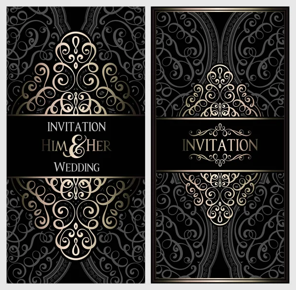 Hochzeitseinladungskarte Mit Schwarz Und Gold Glänzendem Orientalischem Und Barockem Blattwerk — Stockvektor