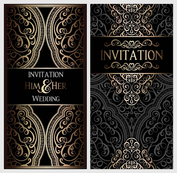 Tarjeta Invitación Boda Con Negro Oro Brillante Follaje Rico Oriental — Vector de stock