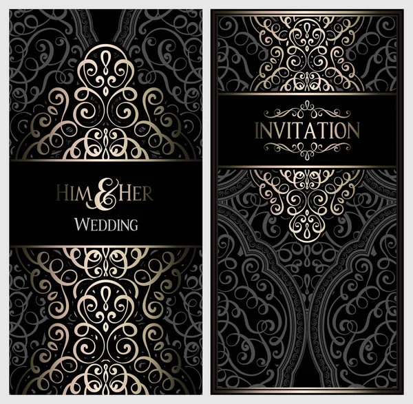 Tarjeta Invitación Boda Con Negro Oro Brillante Follaje Rico Oriental — Vector de stock