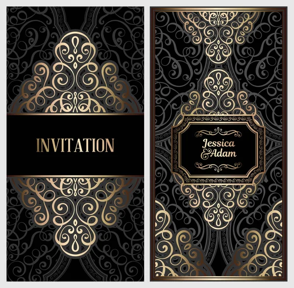 Black Gold Luxury Wedding Invitation Card Golden Shiny Eastern Baroque — Stock Vector