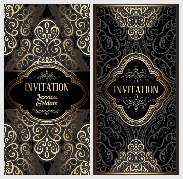 Carte Invitation Mariage Luxe Noire Avec Feuillage Riche Oriental Baroque — Image vectorielle