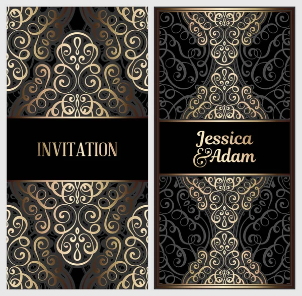 Black Gold Luxury Wedding Invitation Card Golden Shiny Eastern Baroque — Stock Vector