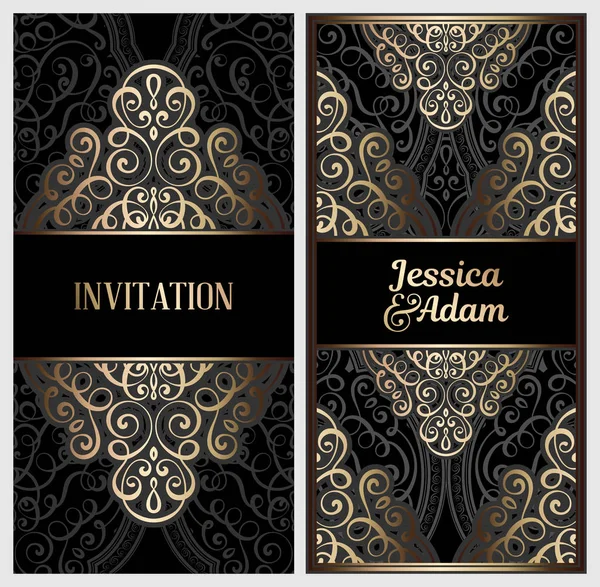 Carte Invitation Mariage Luxe Noire Avec Feuillage Riche Oriental Baroque — Image vectorielle