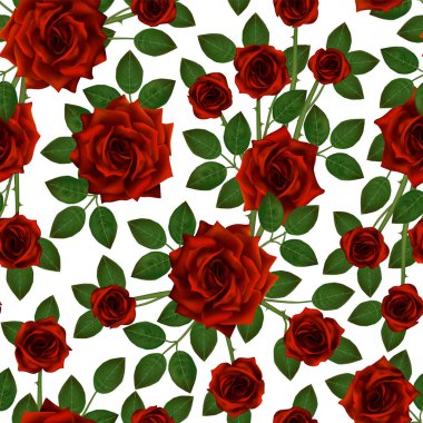 Kırmızı gül ile Seamless modeli. Güzel gerçekçi çiçek yaprakları ile. Bud, temiz vektör yüksek detaylı sonuç Photorealixtic gül .