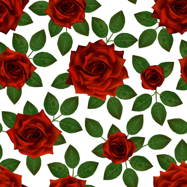 Vzor Bezešvé Červenou Růží Krásné Realistické Květy Listy Photorealixtic Růžové — Stockový vektor