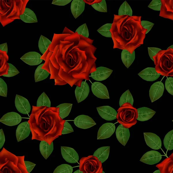 与红玫瑰无缝的模式 美丽逼真的花朵与叶子 光致色玫瑰芽 清洁载体高详细的结果 — 图库矢量图片