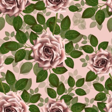 Pembe Gül ile Seamless modeli. Güzel gerçekçi çiçek yaprakları ile. Bud, temiz vektör yüksek Detaylı sonuç Photorealixtic gül.