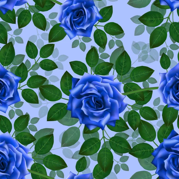 Seamless Pattern Blue Roses Beautiful Realistic Flowers Leaves Photorealixtic Rose — Stock Vector