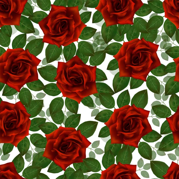 Patrón Sin Costuras Con Rosas Rojas Hermosas Flores Realistas Con — Archivo Imágenes Vectoriales