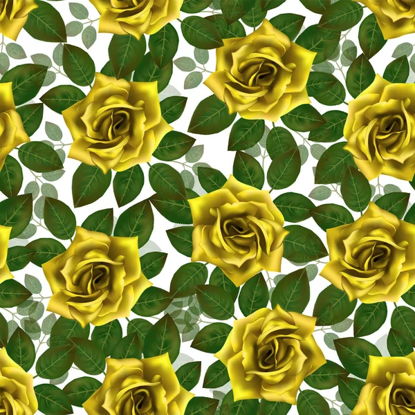 Patrón Sin Costuras Con Rosas Amarillas Hermosas Flores Realistas Con — Archivo Imágenes Vectoriales