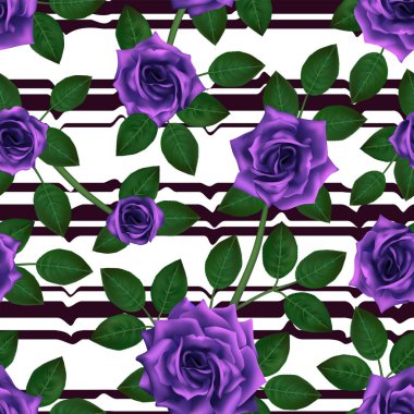 Mor gül ile Seamless modeli. Güzel gerçekçi çiçek yaprakları ile. Bud, temiz vektör yüksek Detaylı sonuç Photorealixtic gül.