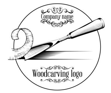 Oymacılığı logo illüstrasyon bir keski ile kesme bir ahşap dilim, vintage tarzı logo, siyah ve beyaz gravür izole.
