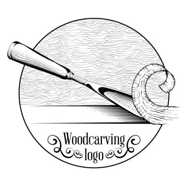 Oymacılığı logo illüstrasyon bir keski ile kesme bir ahşap dilim, vintage tarzı logo, siyah ve beyaz gravür izole.