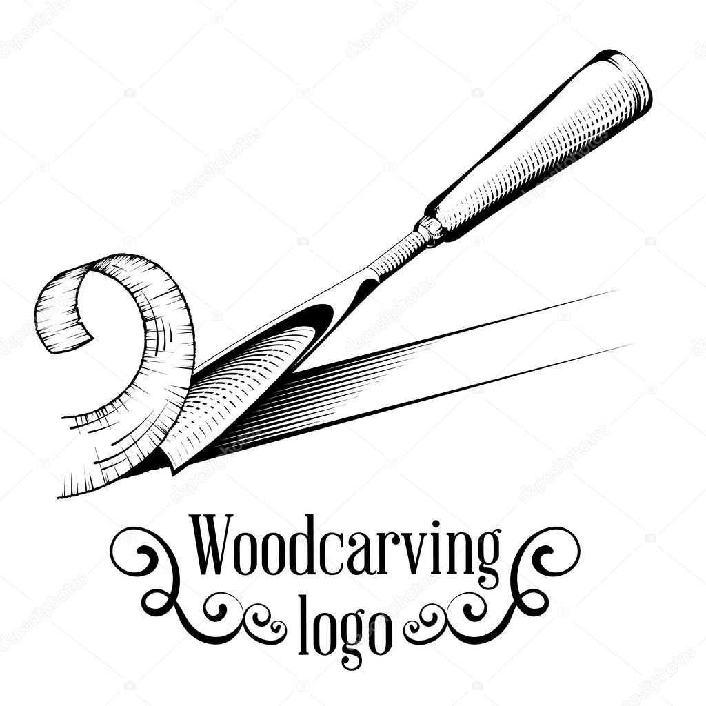 Woodcarving logotype Illustration with a chisel, cutting a wood slice, vintage style logo, black and white isolated engraving.